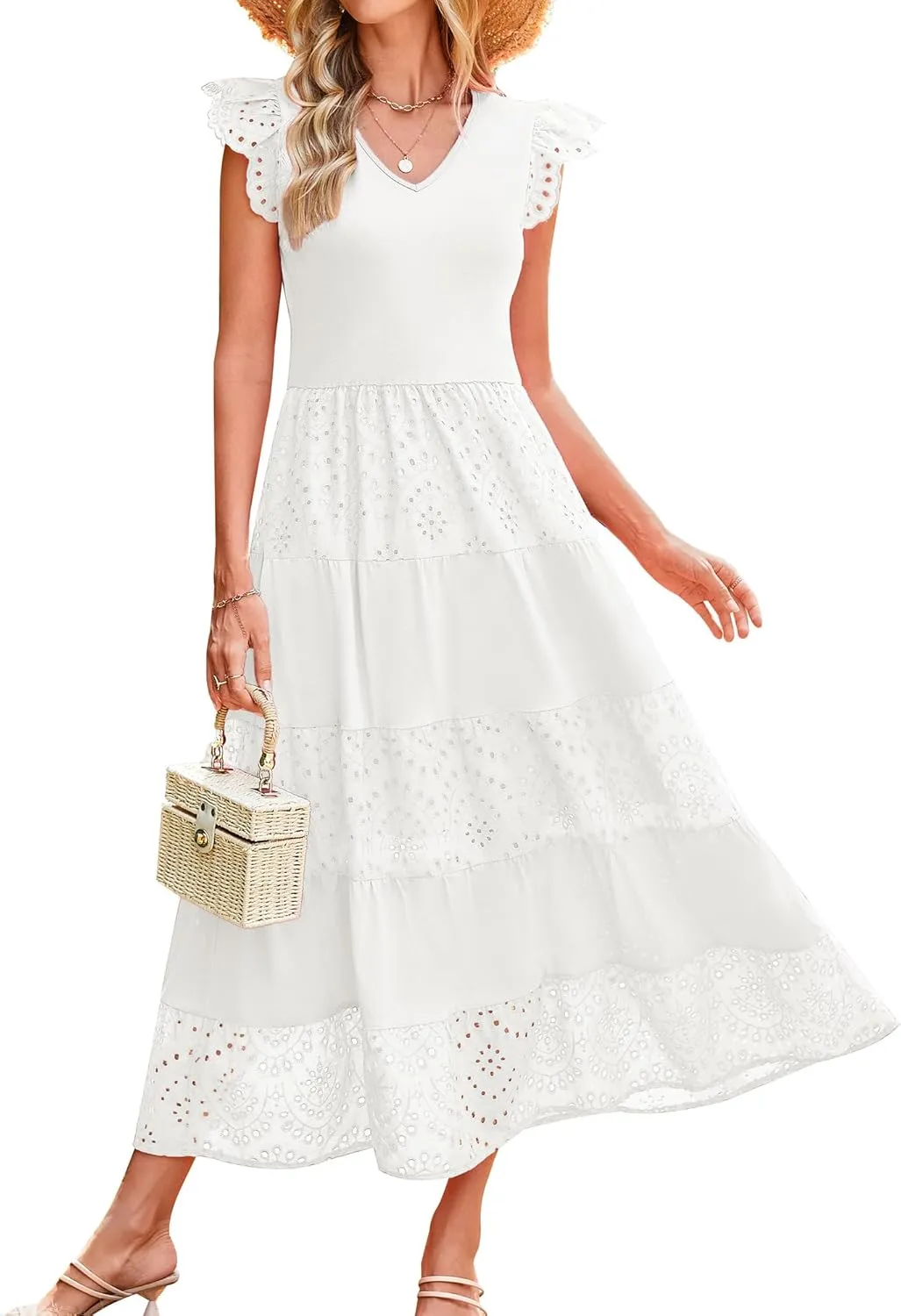 GRACE KARIN Women Summer Maxi Dresses Casual V Neck Ruffle Sleeve Lace Eyelet Tiered A Line Flowy Sundress with Pockets