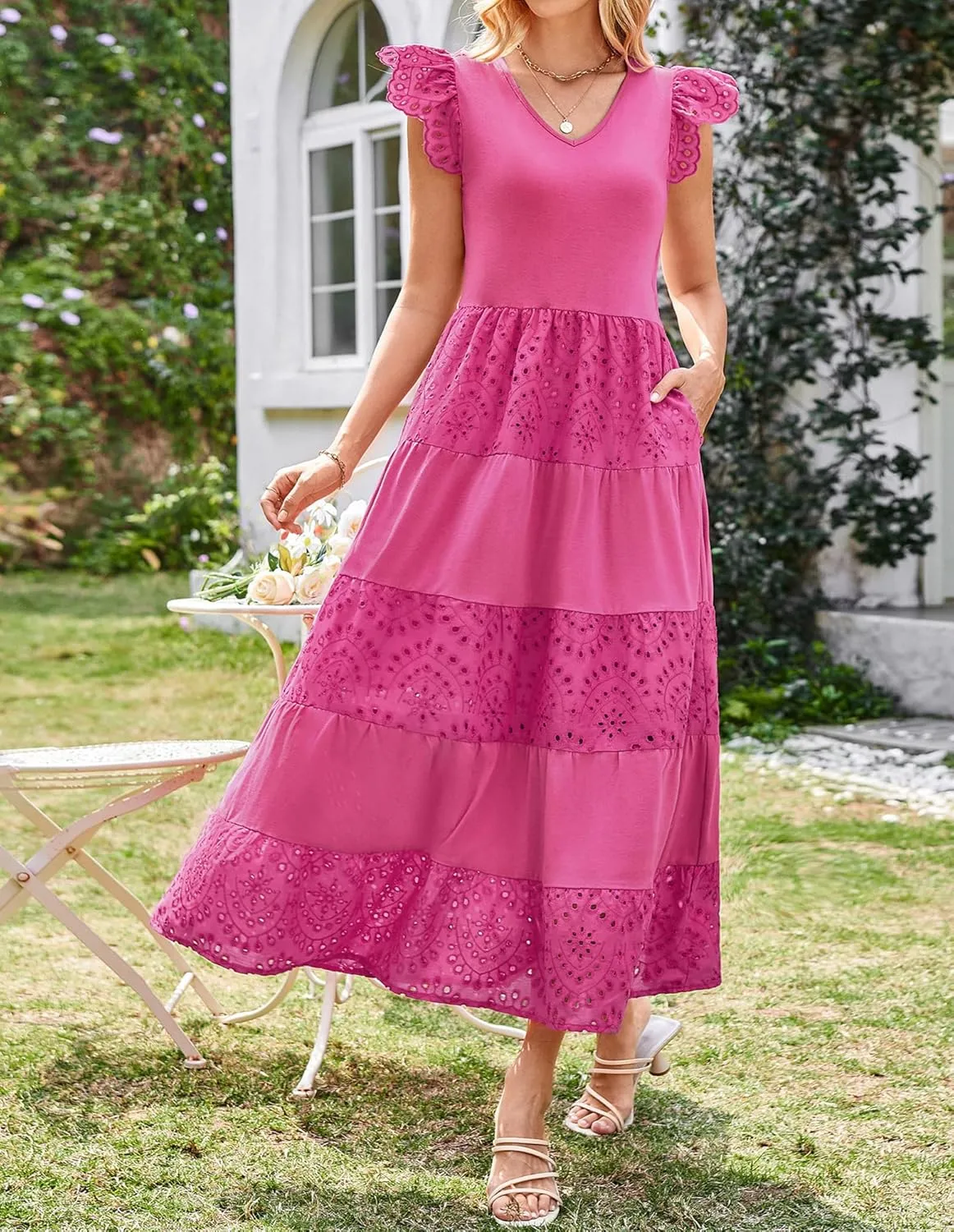 GRACE KARIN Women Summer Maxi Dresses Casual V Neck Ruffle Sleeve Lace Eyelet Tiered A Line Flowy Sundress with Pockets