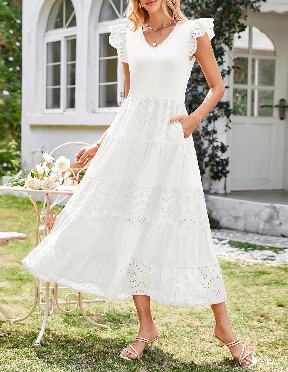 GRACE KARIN Women Summer Maxi Dresses Casual V Neck Ruffle Sleeve Lace Eyelet Tiered A Line Flowy Sundress with Pockets