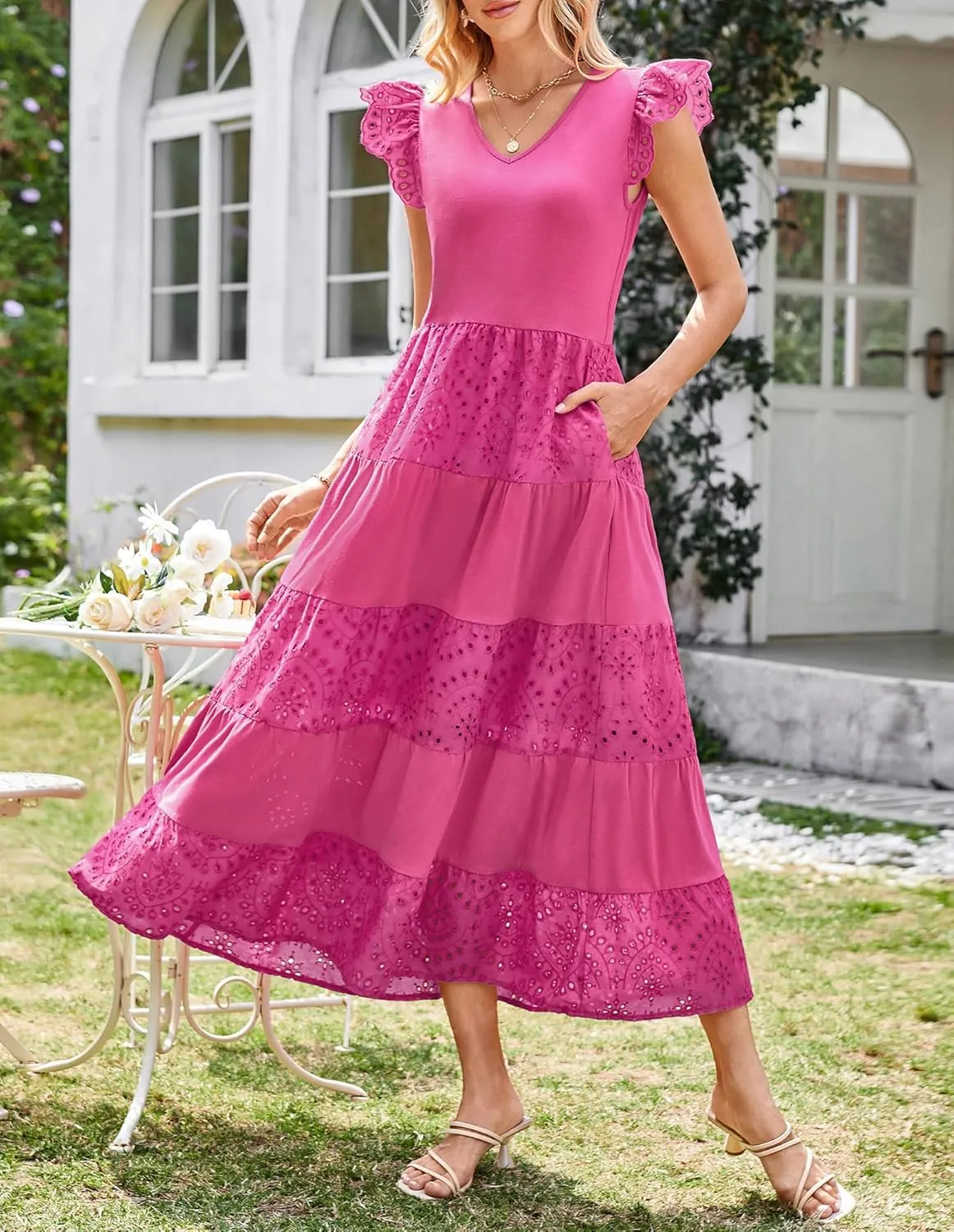 GRACE KARIN Women Summer Maxi Dresses Casual V Neck Ruffle Sleeve Lace Eyelet Tiered A Line Flowy Sundress with Pockets