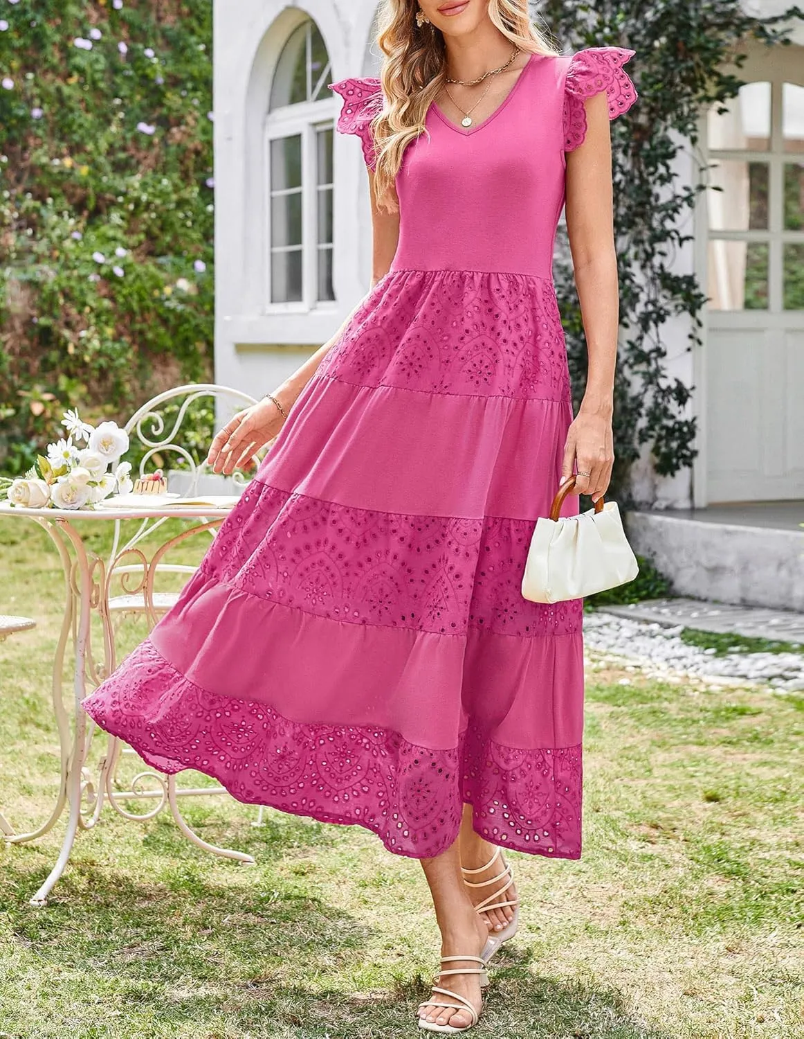 GRACE KARIN Women Summer Maxi Dresses Casual V Neck Ruffle Sleeve Lace Eyelet Tiered A Line Flowy Sundress with Pockets