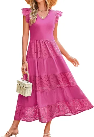 GRACE KARIN Women Summer Maxi Dresses Casual V Neck Ruffle Sleeve Lace Eyelet Tiered A Line Flowy Sundress with Pockets