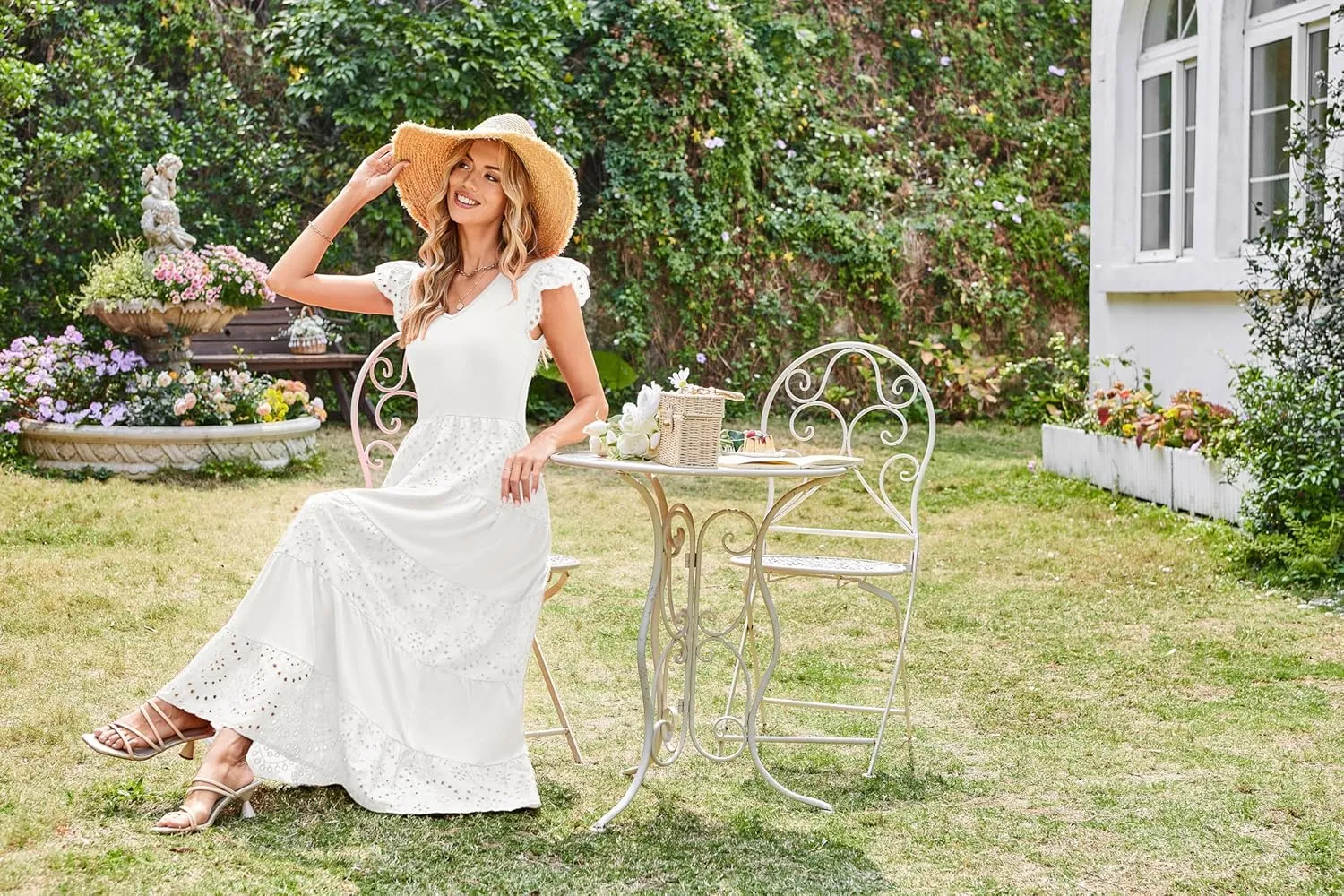 GRACE KARIN Women Summer Maxi Dresses Casual V Neck Ruffle Sleeve Lace Eyelet Tiered A Line Flowy Sundress with Pockets