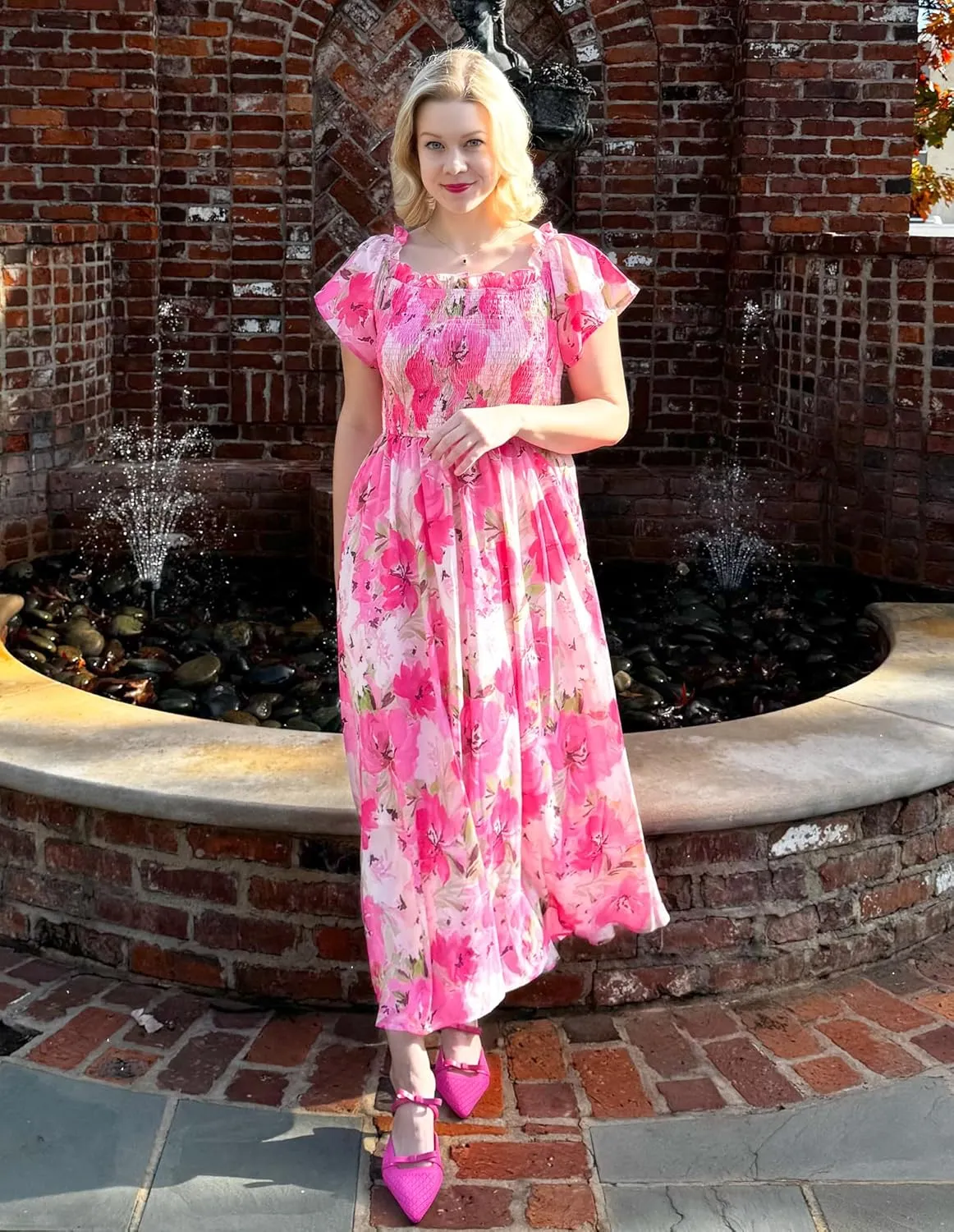 GRACE KARIN Women's 2025 Summer Floral Smocked Off Shoulder Flowy A Line Maxi Dresses Formal Wedding Guest Dress with Pockets