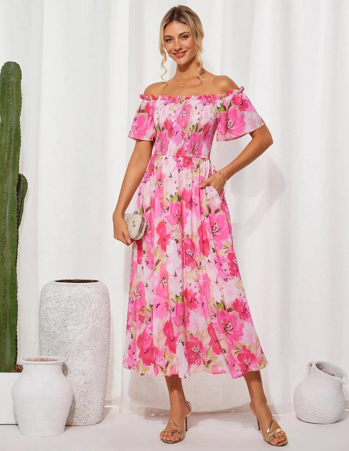 GRACE KARIN Women's 2025 Summer Floral Smocked Off Shoulder Flowy A Line Maxi Dresses Formal Wedding Guest Dress with Pockets