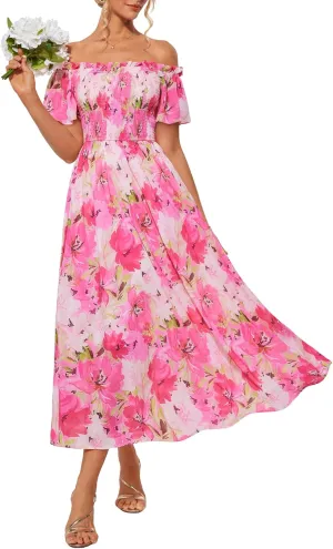 GRACE KARIN Women's 2025 Summer Floral Smocked Off Shoulder Flowy A Line Maxi Dresses Formal Wedding Guest Dress with Pockets