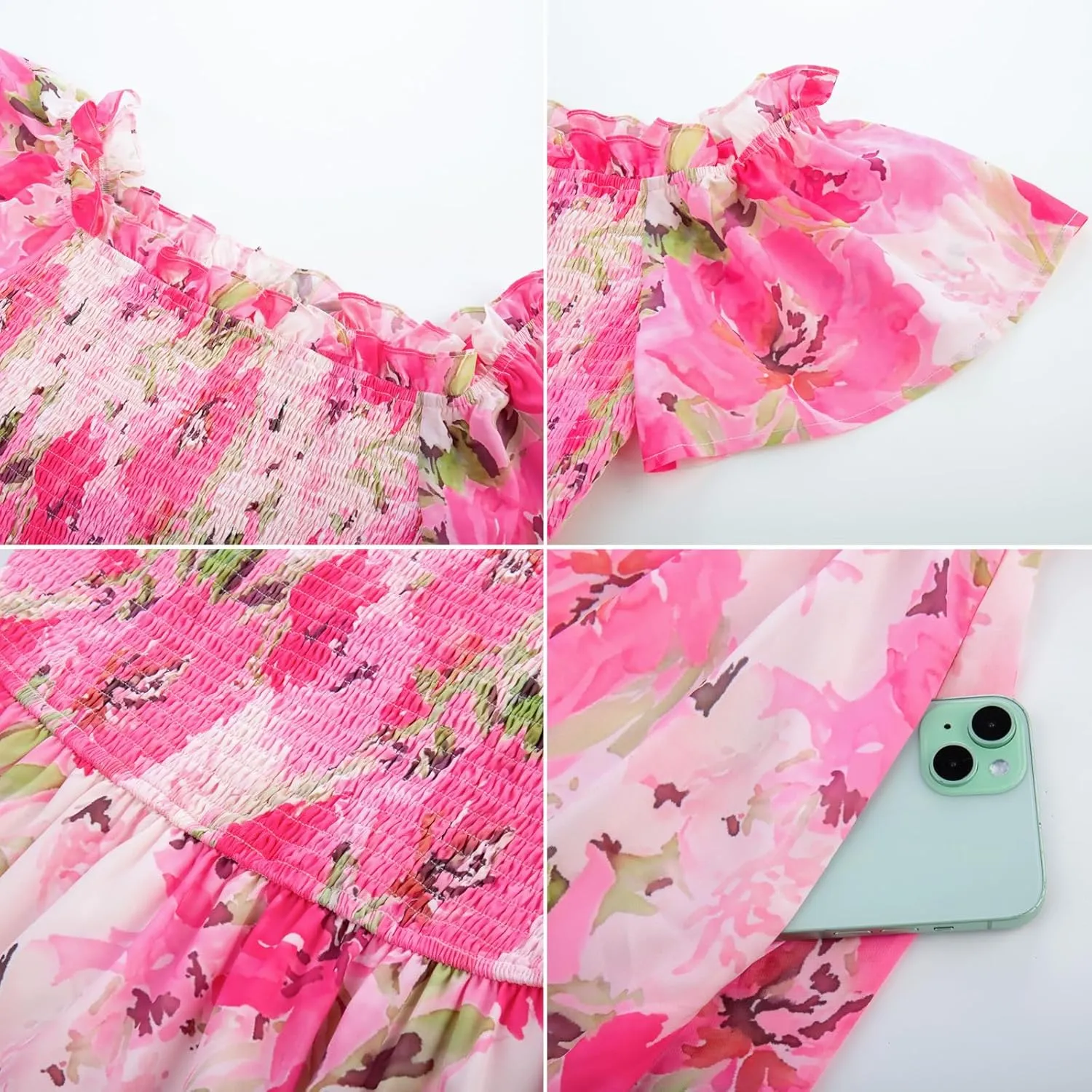 GRACE KARIN Women's 2025 Summer Floral Smocked Off Shoulder Flowy A Line Maxi Dresses Formal Wedding Guest Dress with Pockets
