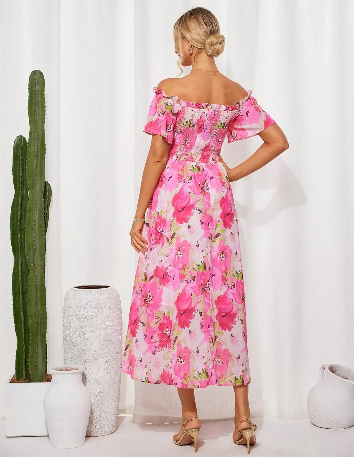GRACE KARIN Women's 2025 Summer Floral Smocked Off Shoulder Flowy A Line Maxi Dresses Formal Wedding Guest Dress with Pockets
