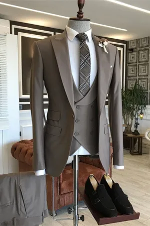 Gray Peaked Lapel Three Pieces Business Suits Slim Fit Wedding Suits