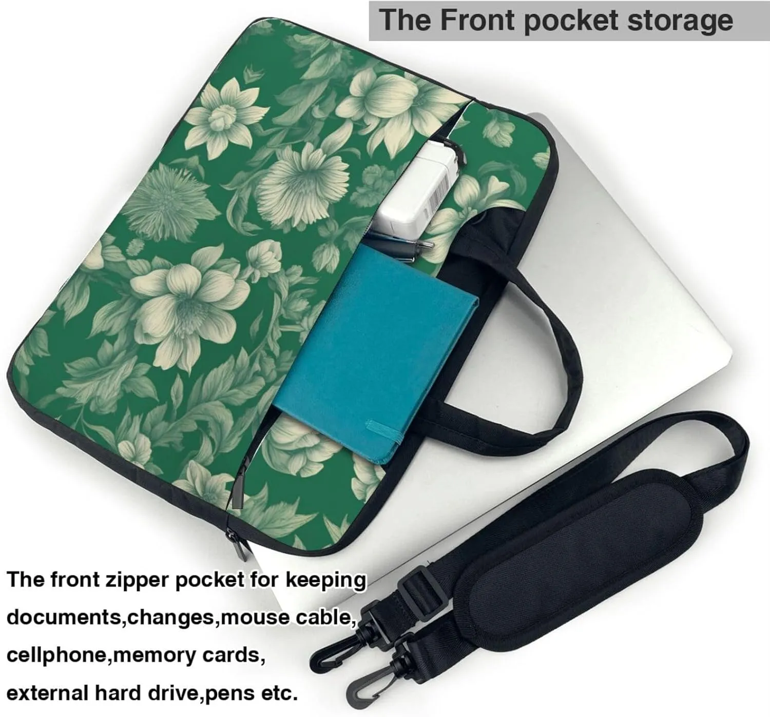 Green Vintage Floral pattern Fashionable and ultra-thin shoulder laptop bag Shockproof soft lining