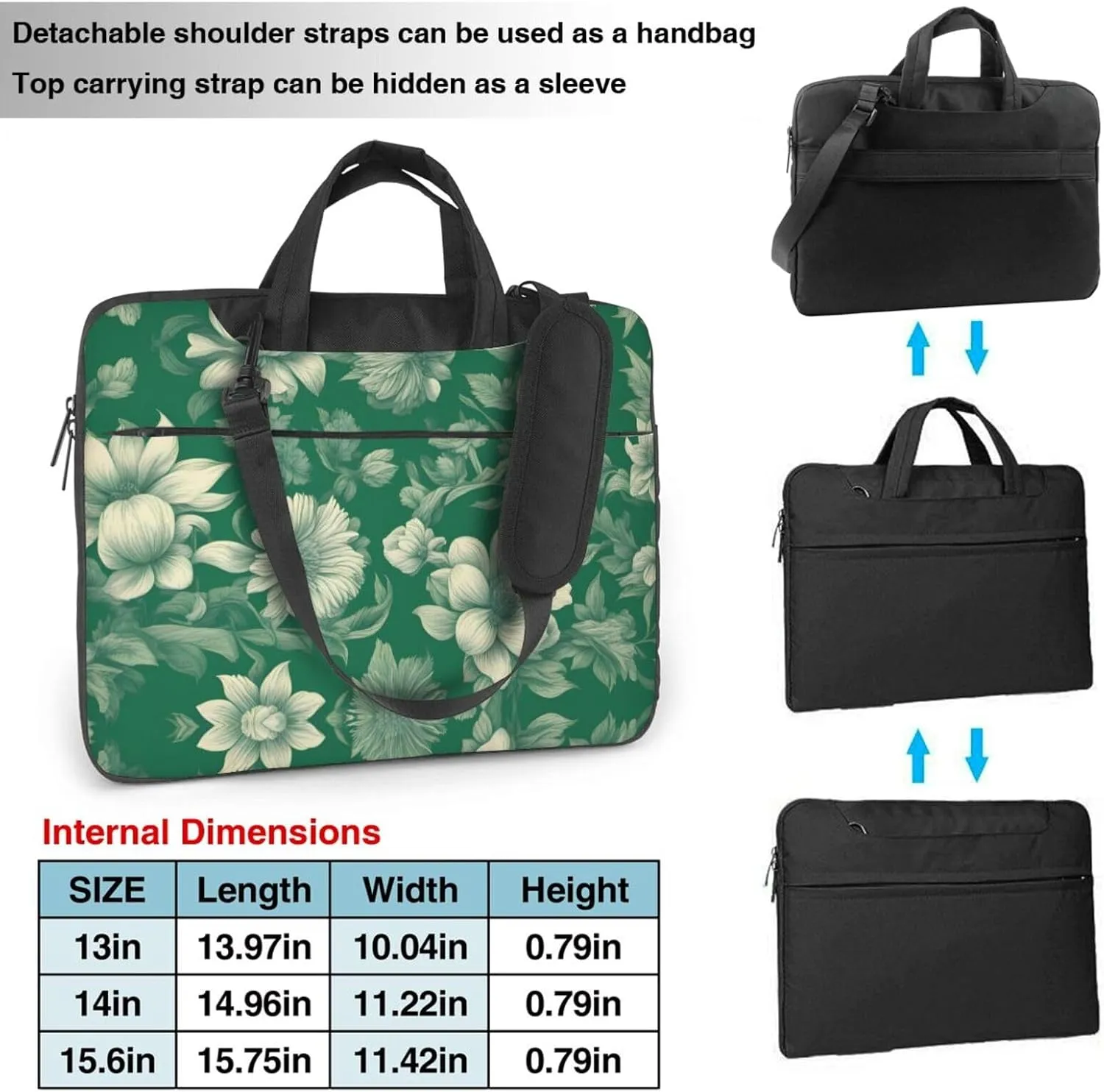 Green Vintage Floral pattern Fashionable and ultra-thin shoulder laptop bag Shockproof soft lining