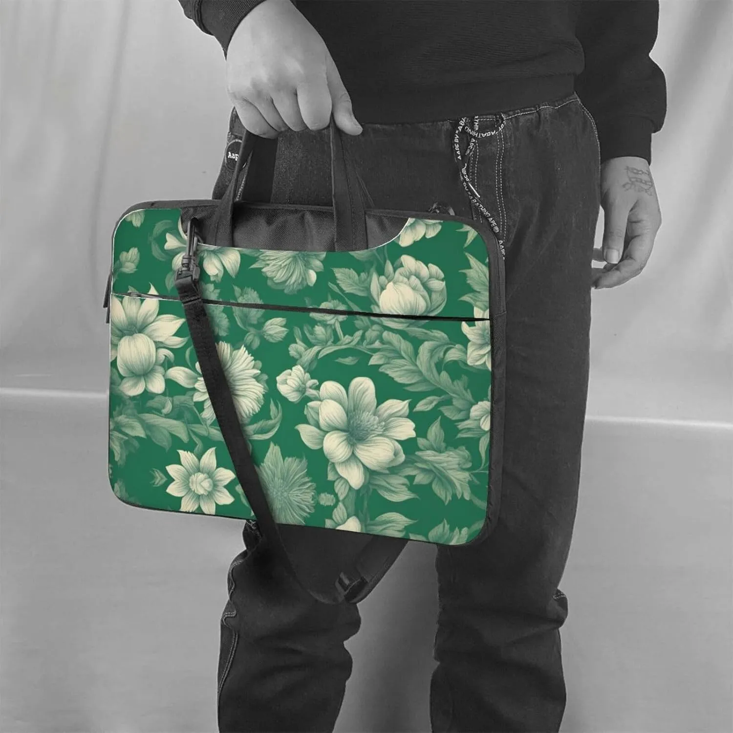 Green Vintage Floral pattern Fashionable and ultra-thin shoulder laptop bag Shockproof soft lining