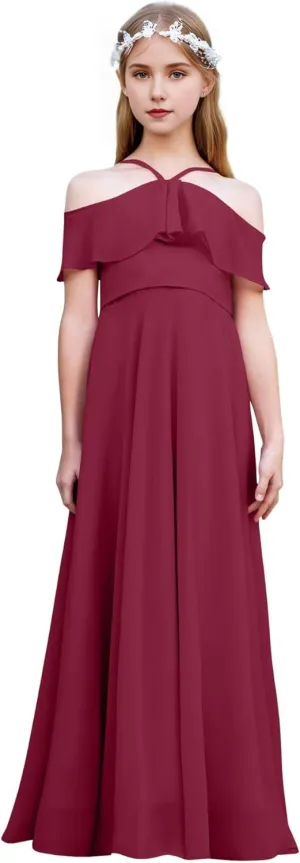 Halter Junior Bridesmaid Dresses Chiffon Cold Shoulder Flower Girl Dress Ruffles Pageant Dress for Girls