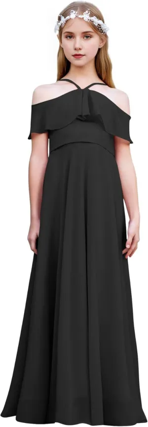 Halter Junior Bridesmaid Dresses Chiffon Cold Shoulder Flower Girl Dress Ruffles Pageant Dress for Girls