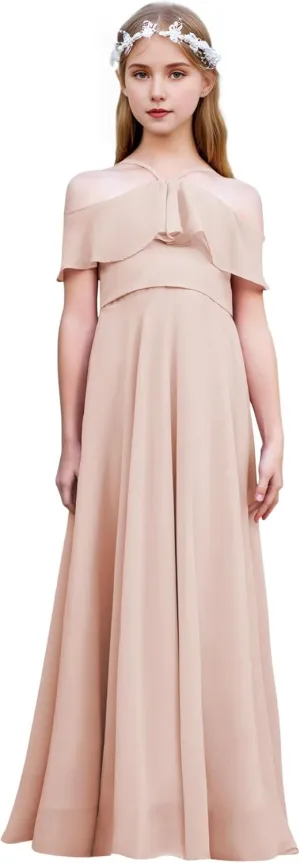Halter Junior Bridesmaid Dresses Chiffon Cold Shoulder Flower Girl Dress Ruffles Pageant Dress for Girls