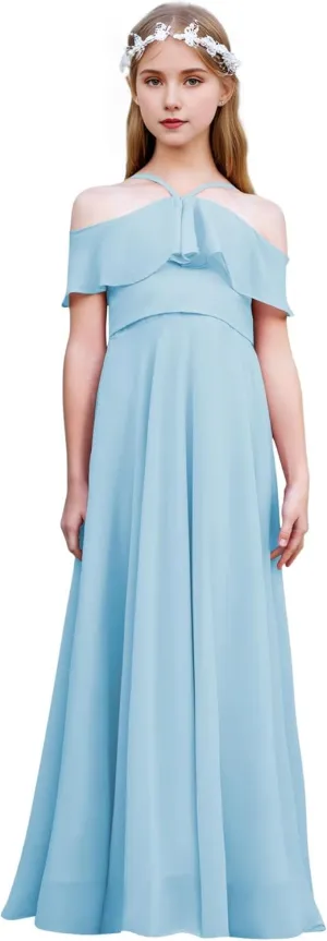 Halter Junior Bridesmaid Dresses Chiffon Cold Shoulder Flower Girl Dress Ruffles Pageant Dress for Girls