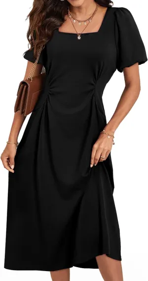 Happy Sailed Women's Summer Short Sleeve Square Neck Ruched Waist Flowy A Line Midi Cocktail Party Dress