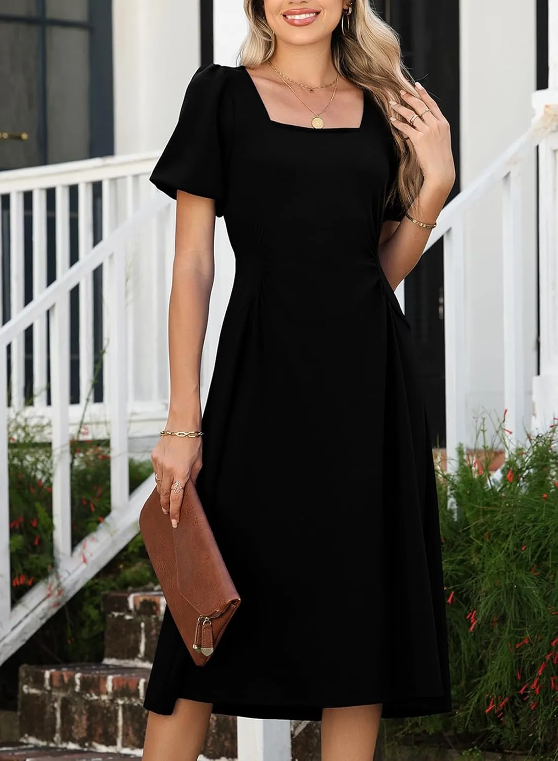 Happy Sailed Women's Summer Short Sleeve Square Neck Ruched Waist Flowy A Line Midi Cocktail Party Dress