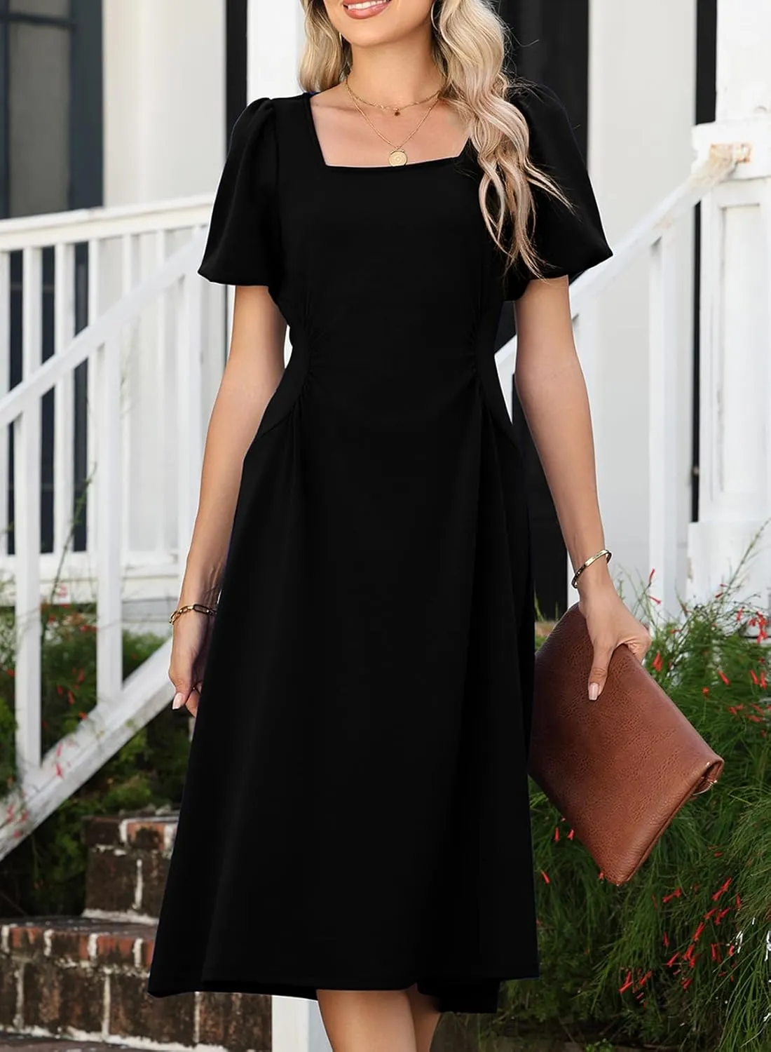 Happy Sailed Women's Summer Short Sleeve Square Neck Ruched Waist Flowy A Line Midi Cocktail Party Dress