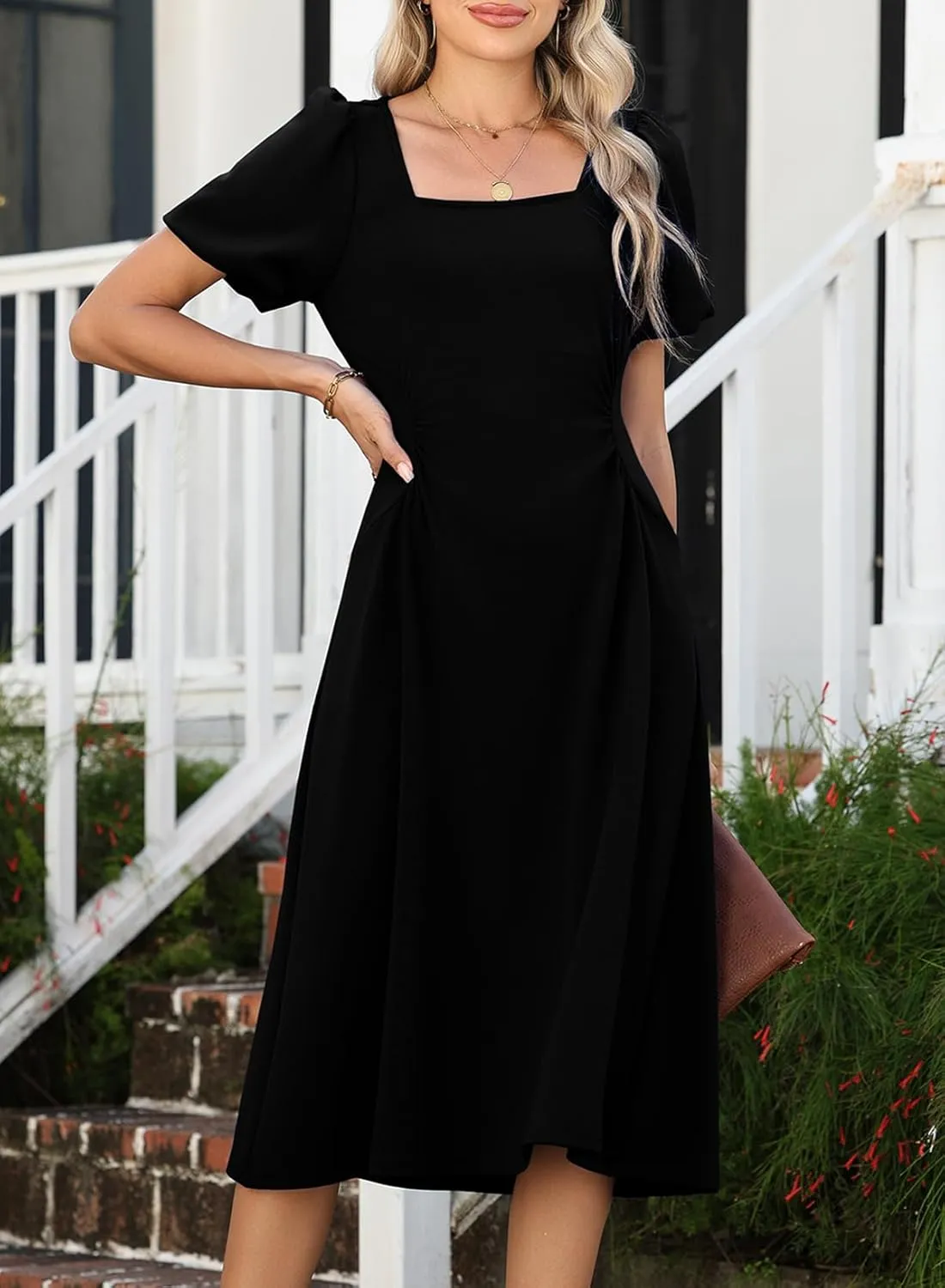 Happy Sailed Women's Summer Short Sleeve Square Neck Ruched Waist Flowy A Line Midi Cocktail Party Dress