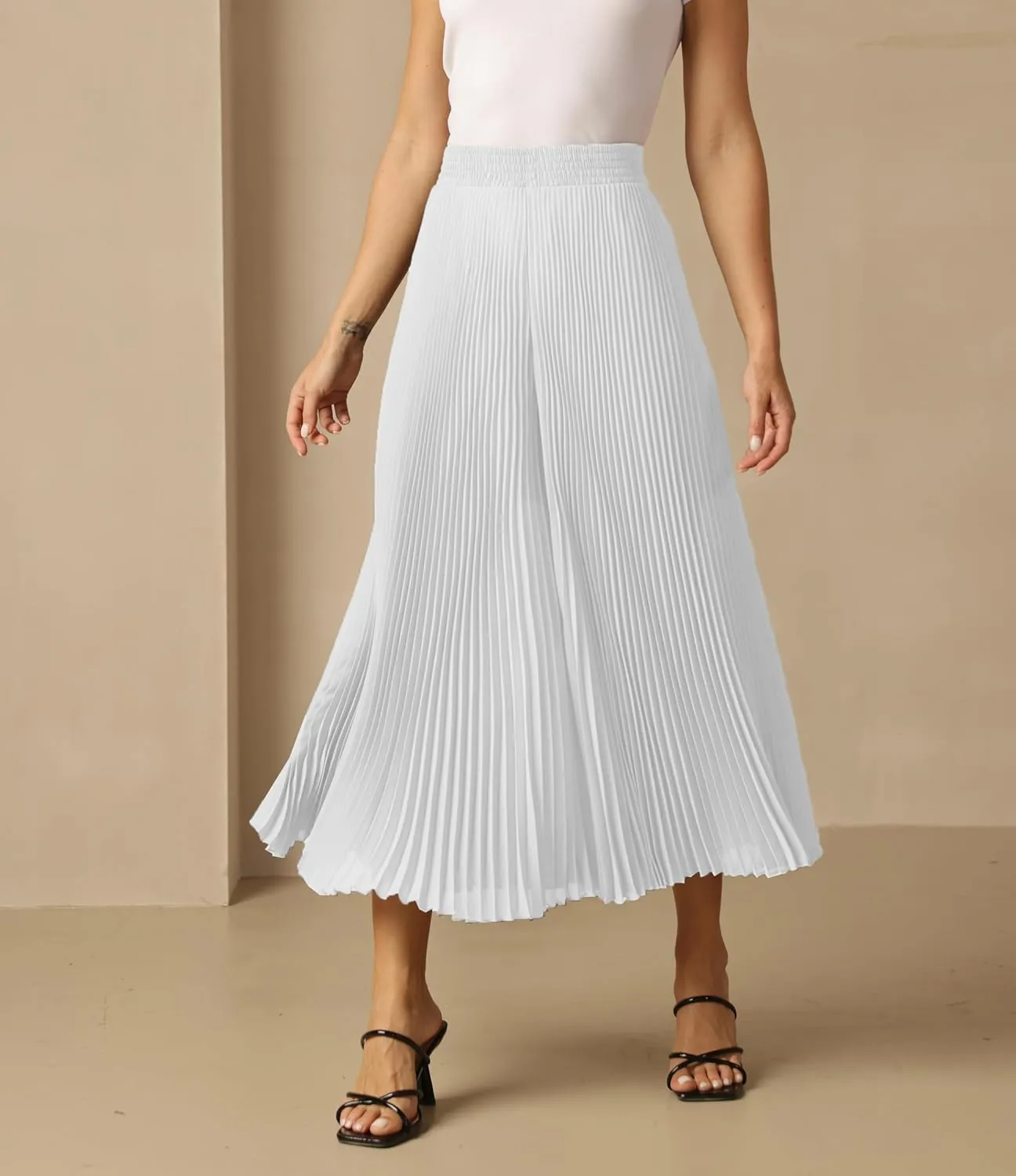 heipeiwa Women's Chiffon Pleated Wide Leg Palazzo Pants Crop Capris Culotte Dressy Casual Pants