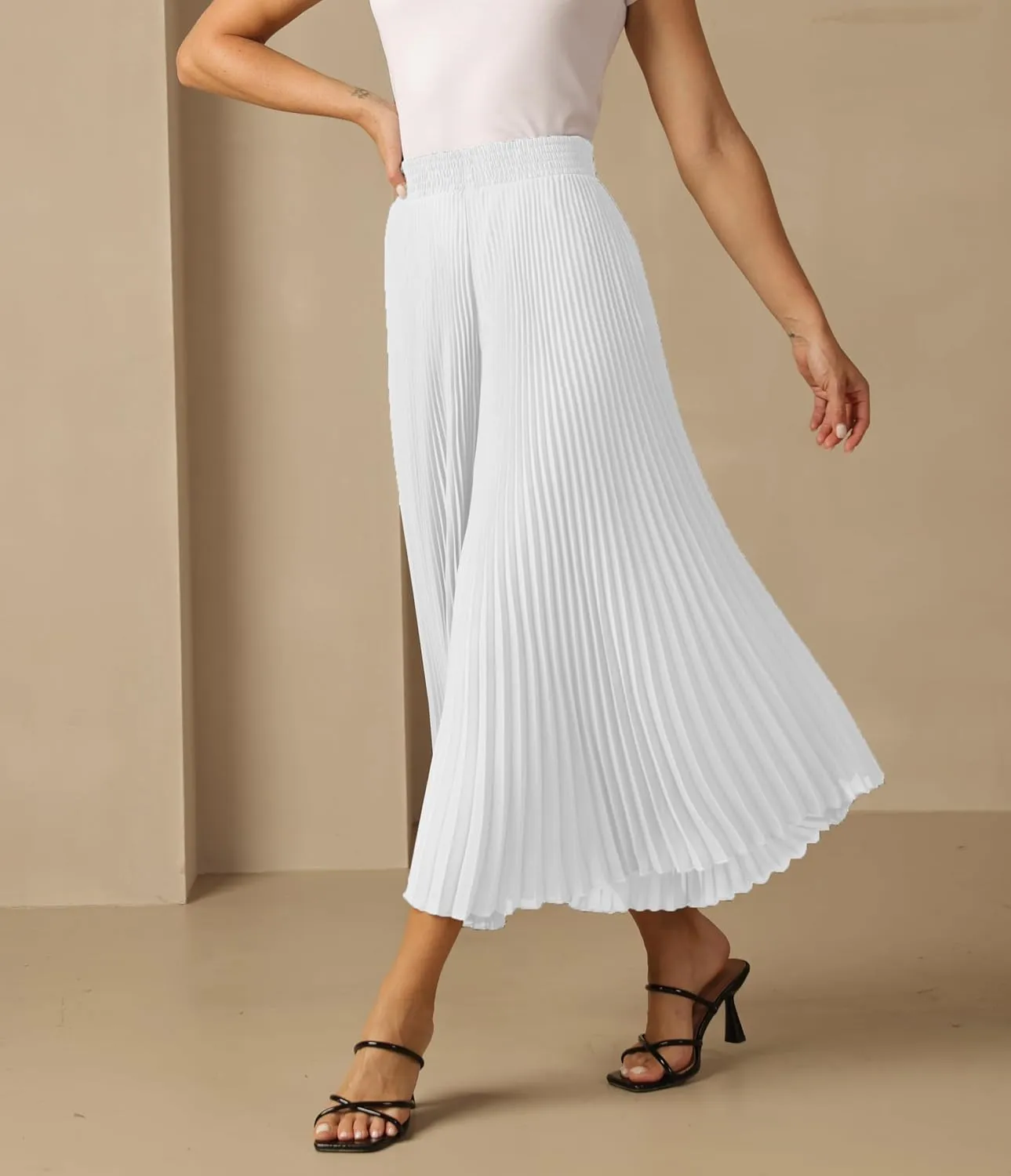 heipeiwa Women's Chiffon Pleated Wide Leg Palazzo Pants Crop Capris Culotte Dressy Casual Pants