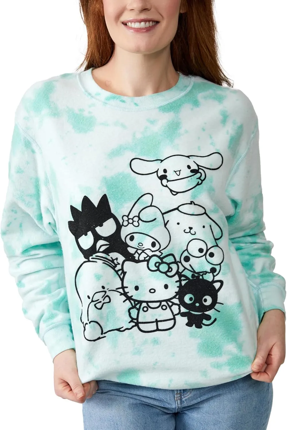 Hello Kitty & Friends Rainbow & Group Shot Crew Neck Long Sleeve Blue Women's Oversized Reversible Pullover Sweatshirt