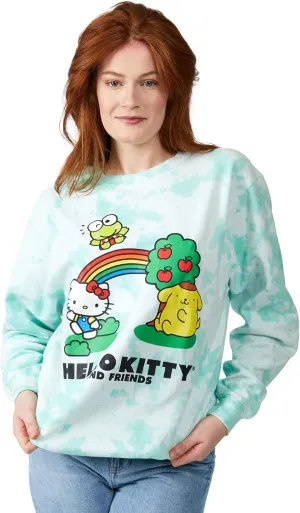 Hello Kitty & Friends Rainbow & Group Shot Crew Neck Long Sleeve Blue Women's Oversized Reversible Pullover Sweatshirt