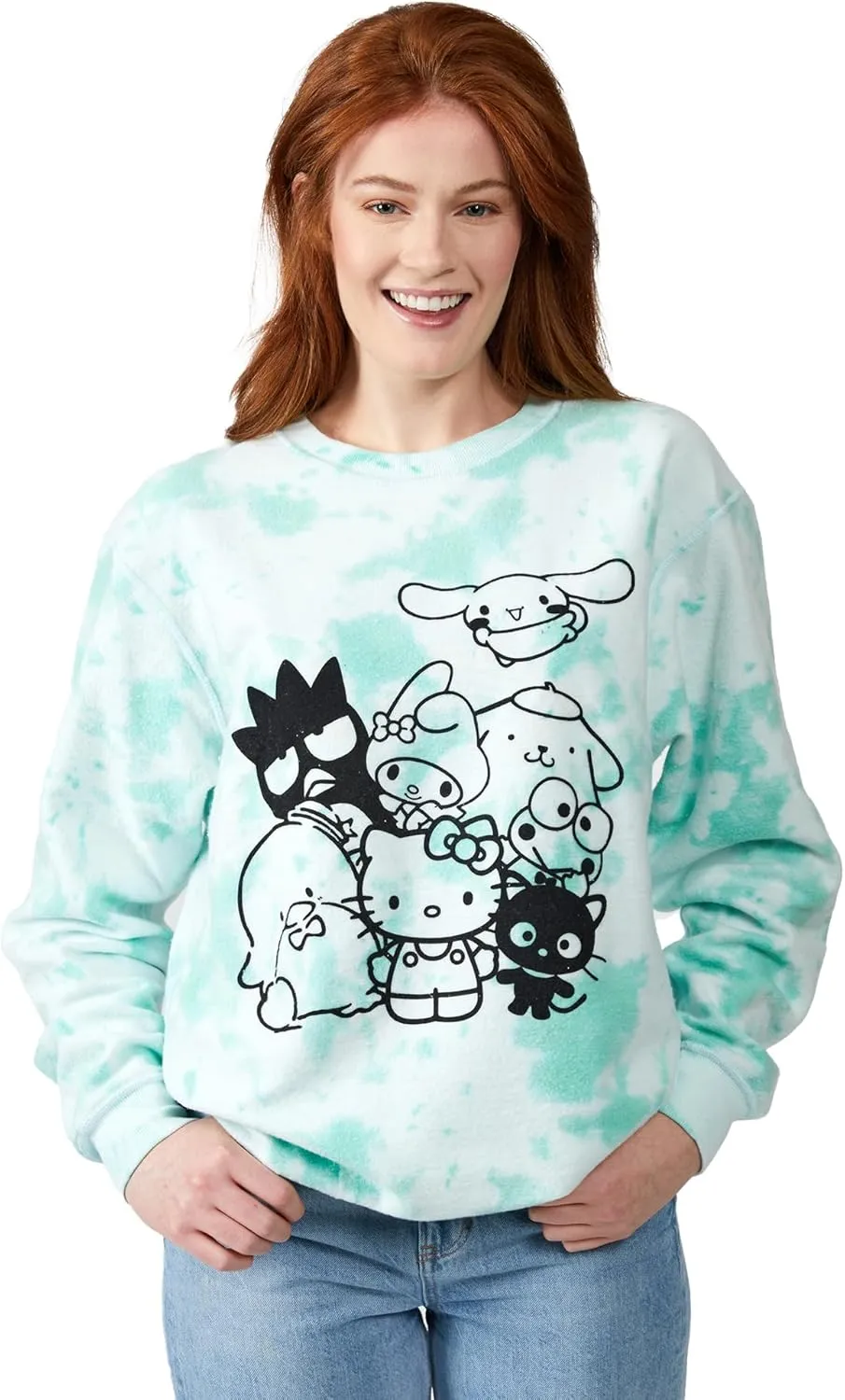 Hello Kitty & Friends Rainbow & Group Shot Crew Neck Long Sleeve Blue Women's Oversized Reversible Pullover Sweatshirt