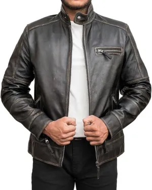 HIGOBO Cafe Racer Vintage Slim Fit Distressed Mens Motorcycle Biker Leather Jacket