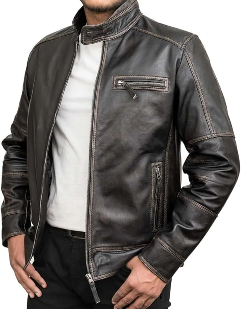 HIGOBO Cafe Racer Vintage Slim Fit Distressed Mens Motorcycle Biker Leather Jacket