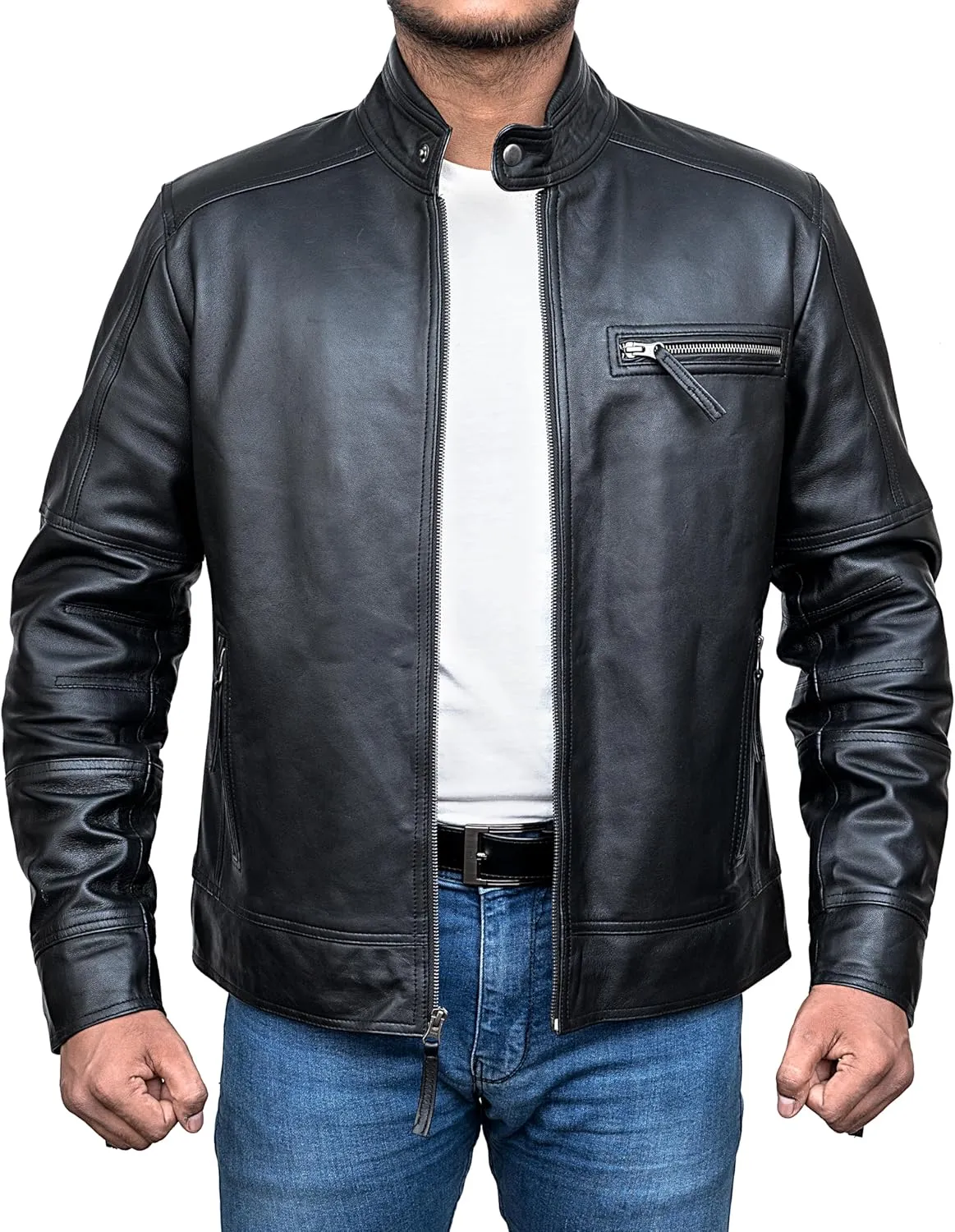 HIGOBO Cafe Racer Vintage Slim Fit Distressed Mens Motorcycle Biker Leather Jacket