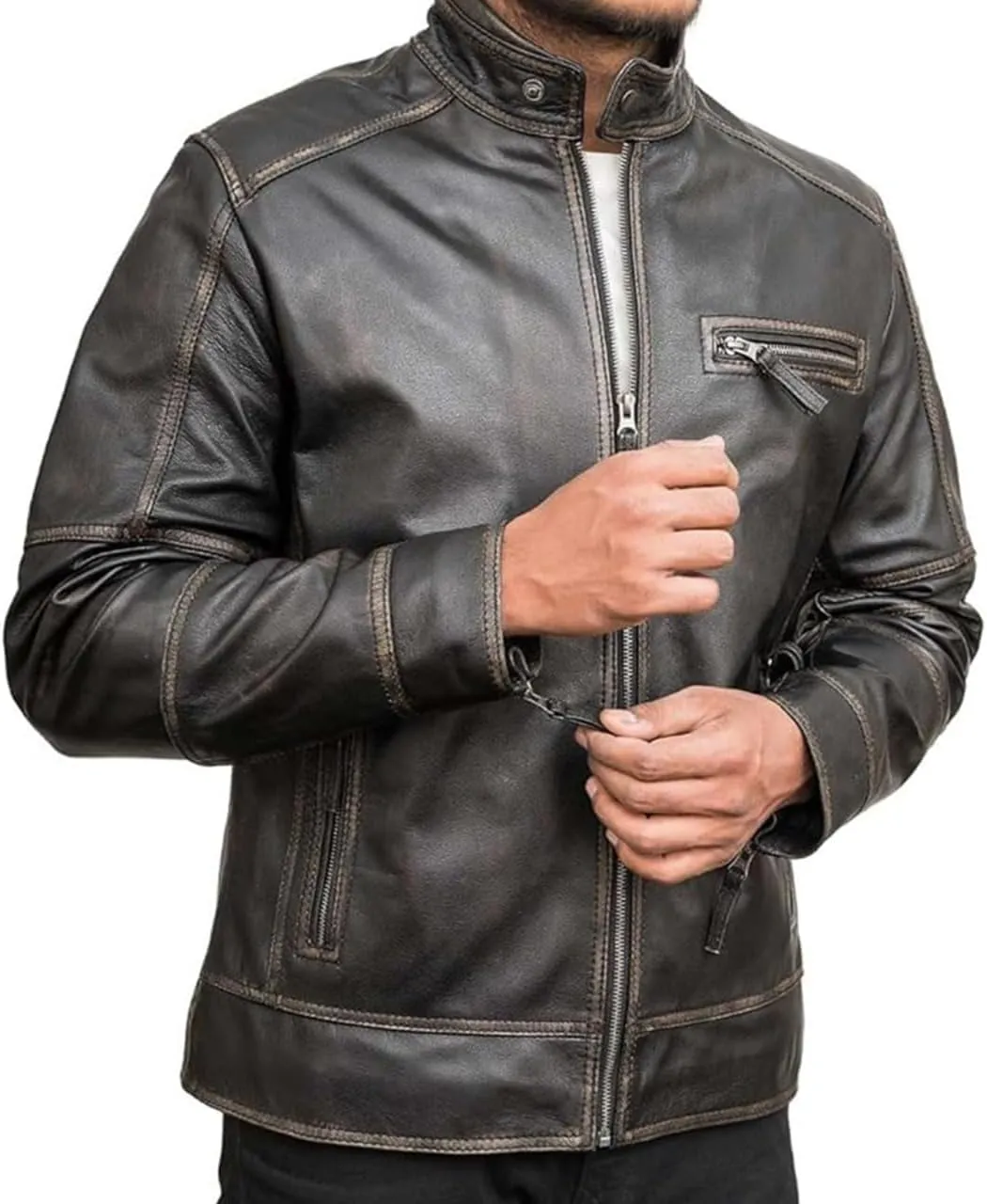 HIGOBO Cafe Racer Vintage Slim Fit Distressed Mens Motorcycle Biker Leather Jacket