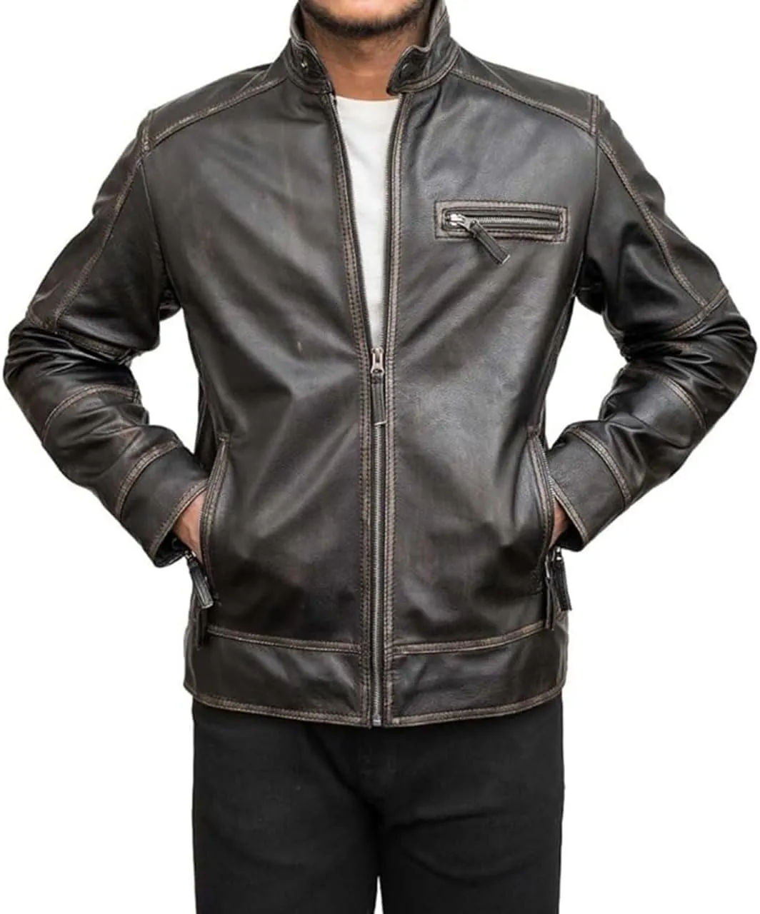 HIGOBO Cafe Racer Vintage Slim Fit Distressed Mens Motorcycle Biker Leather Jacket