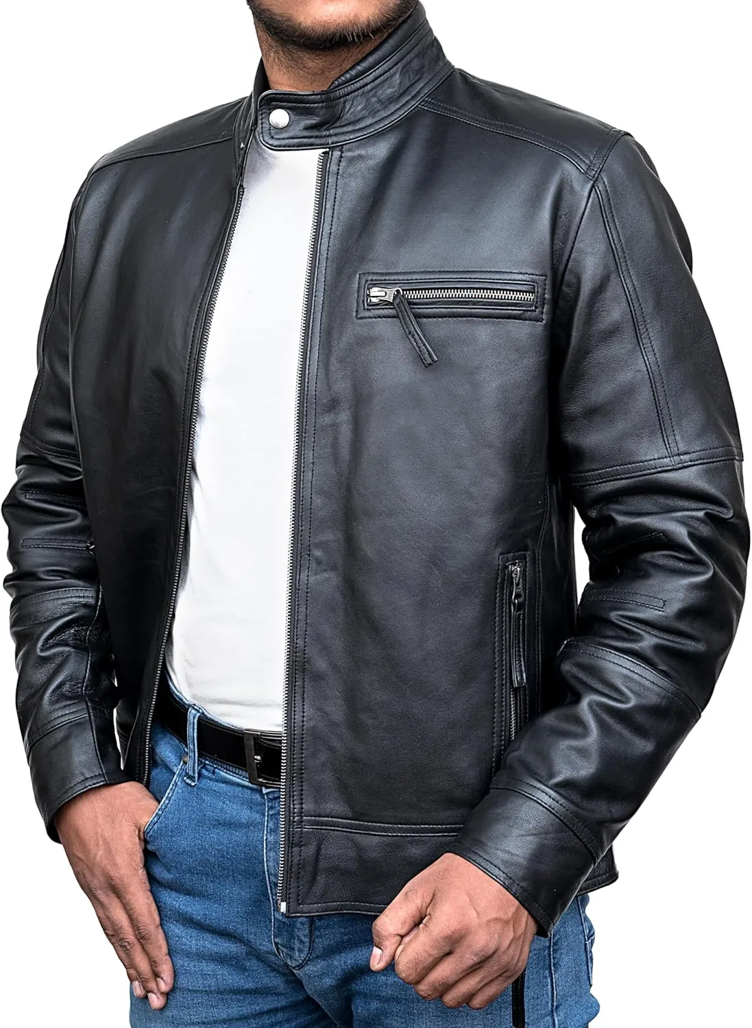 HIGOBO Cafe Racer Vintage Slim Fit Distressed Mens Motorcycle Biker Leather Jacket