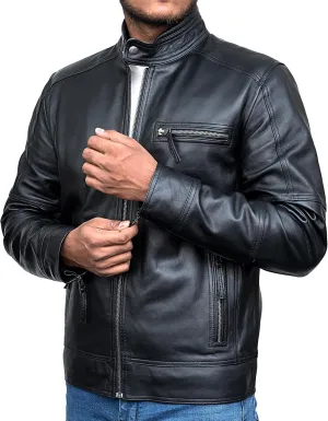 HIGOBO Cafe Racer Vintage Slim Fit Distressed Mens Motorcycle Biker Leather Jacket
