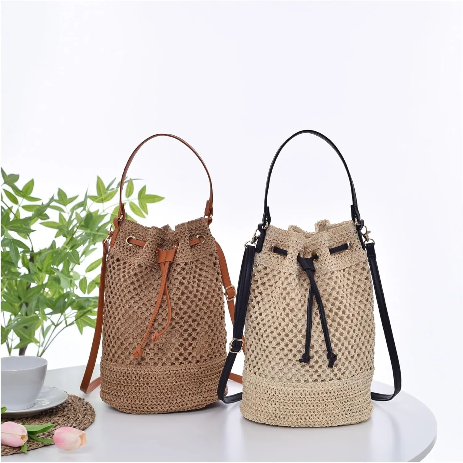 Hollow straw bucket bag, casual holiday beach bag, fashionable handbag shoulder bag, messenger bag