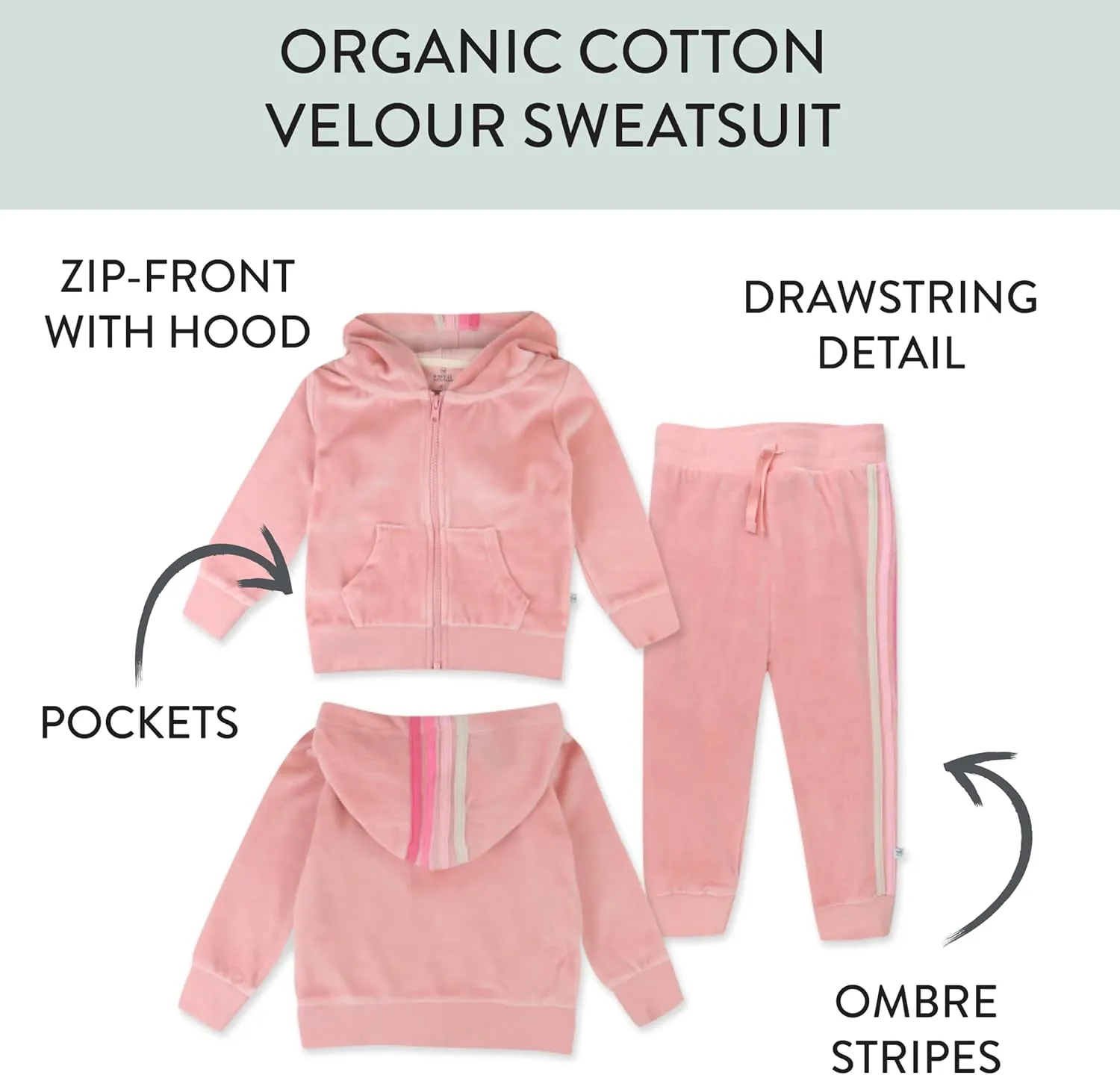 HonestBaby Velour Pullover Hoodie and Zip Front Sweatshirt and Jogger Sweatpants Set