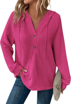 Hoodies for Women Waffle Knit Long Sleeve Drawstring Button V Neck Sweatshirt Comfy Lightweight Hooded Tops