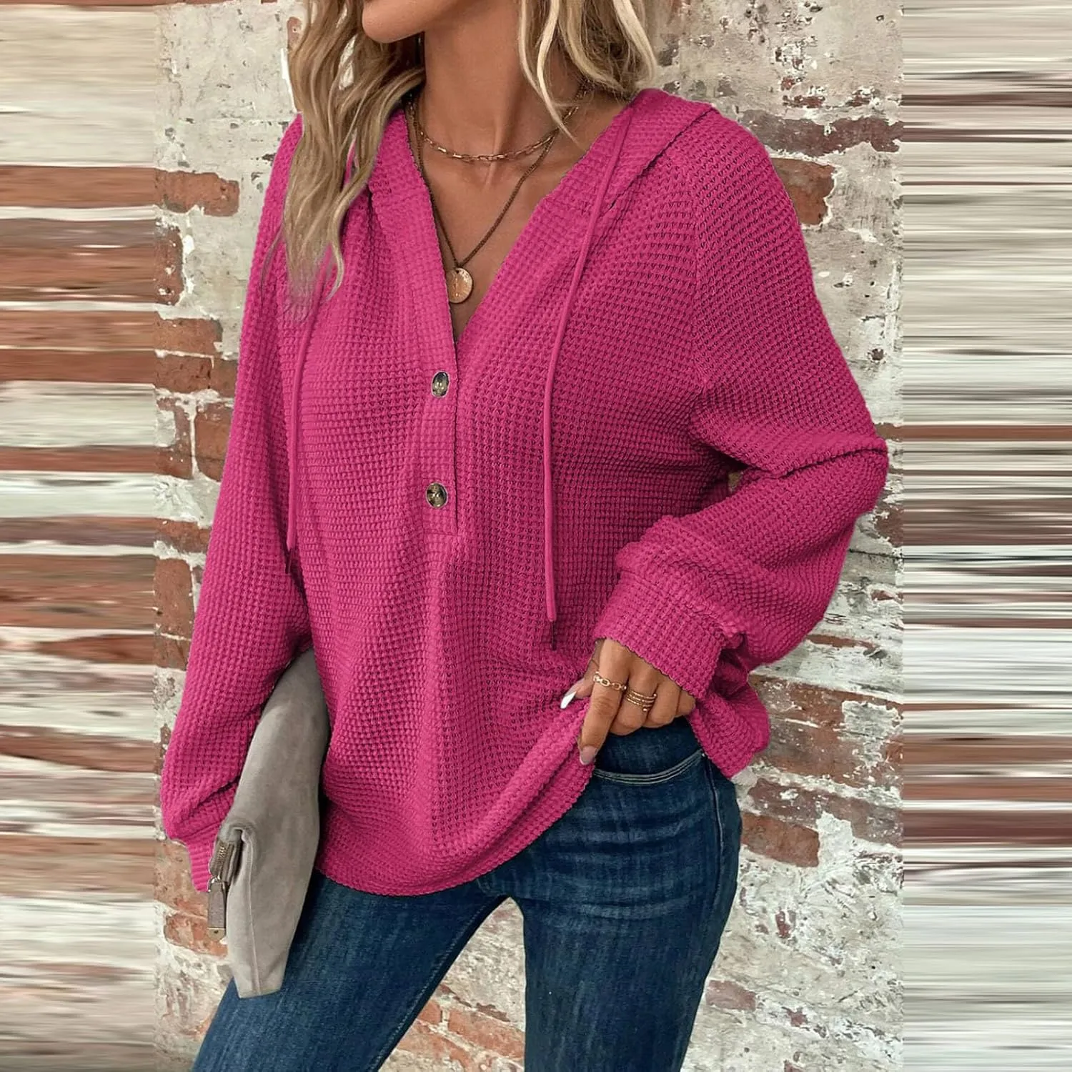 Hoodies for Women Waffle Knit Long Sleeve Drawstring Button V Neck Sweatshirt Comfy Lightweight Hooded Tops