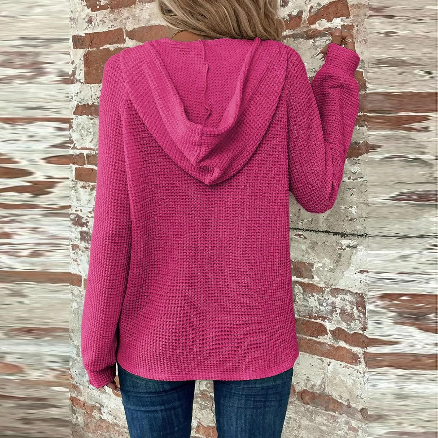 Hoodies for Women Waffle Knit Long Sleeve Drawstring Button V Neck Sweatshirt Comfy Lightweight Hooded Tops