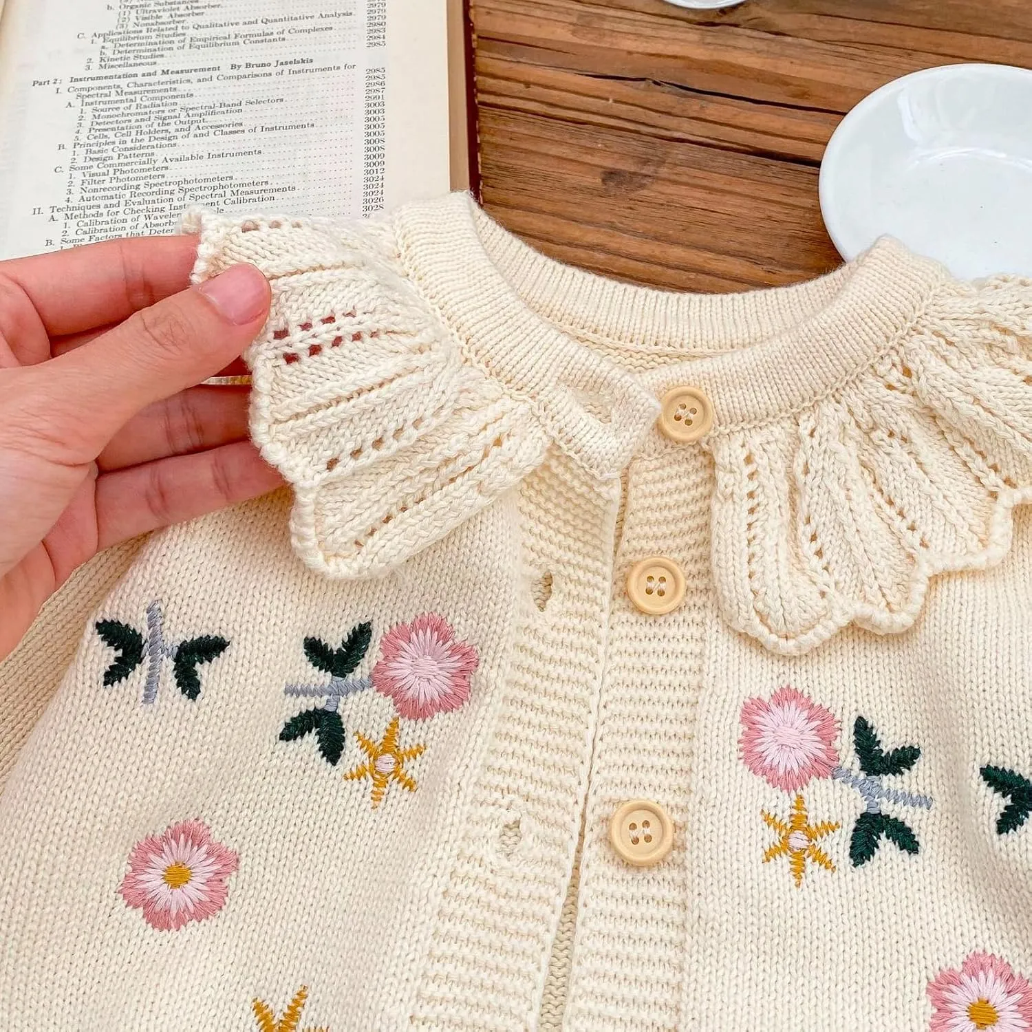 HOOLCHEAN Baby Girls Flower Embroidered Lotus Leaf Collar Sweater Infant Cotton Cardigan