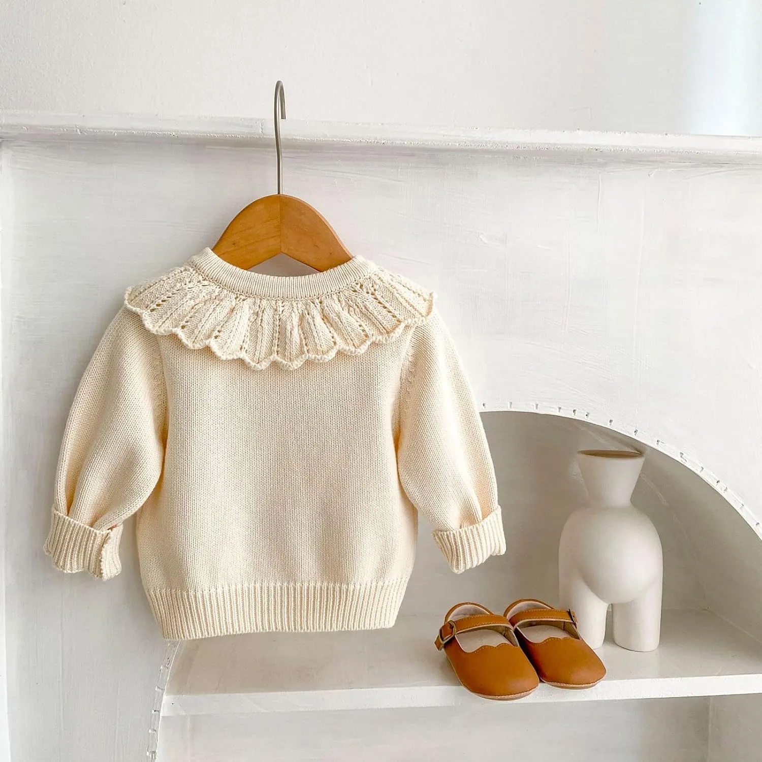 HOOLCHEAN Baby Girls Flower Embroidered Lotus Leaf Collar Sweater Infant Cotton Cardigan
