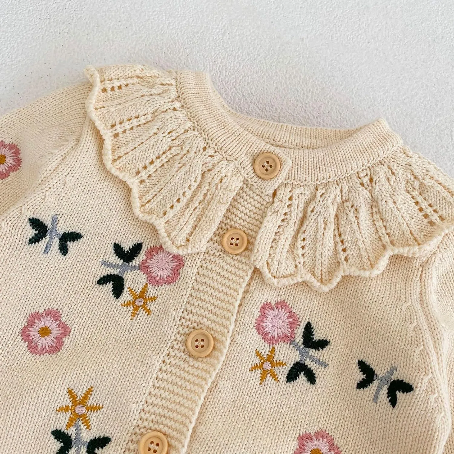 HOOLCHEAN Baby Girls Flower Embroidered Lotus Leaf Collar Sweater Infant Cotton Cardigan