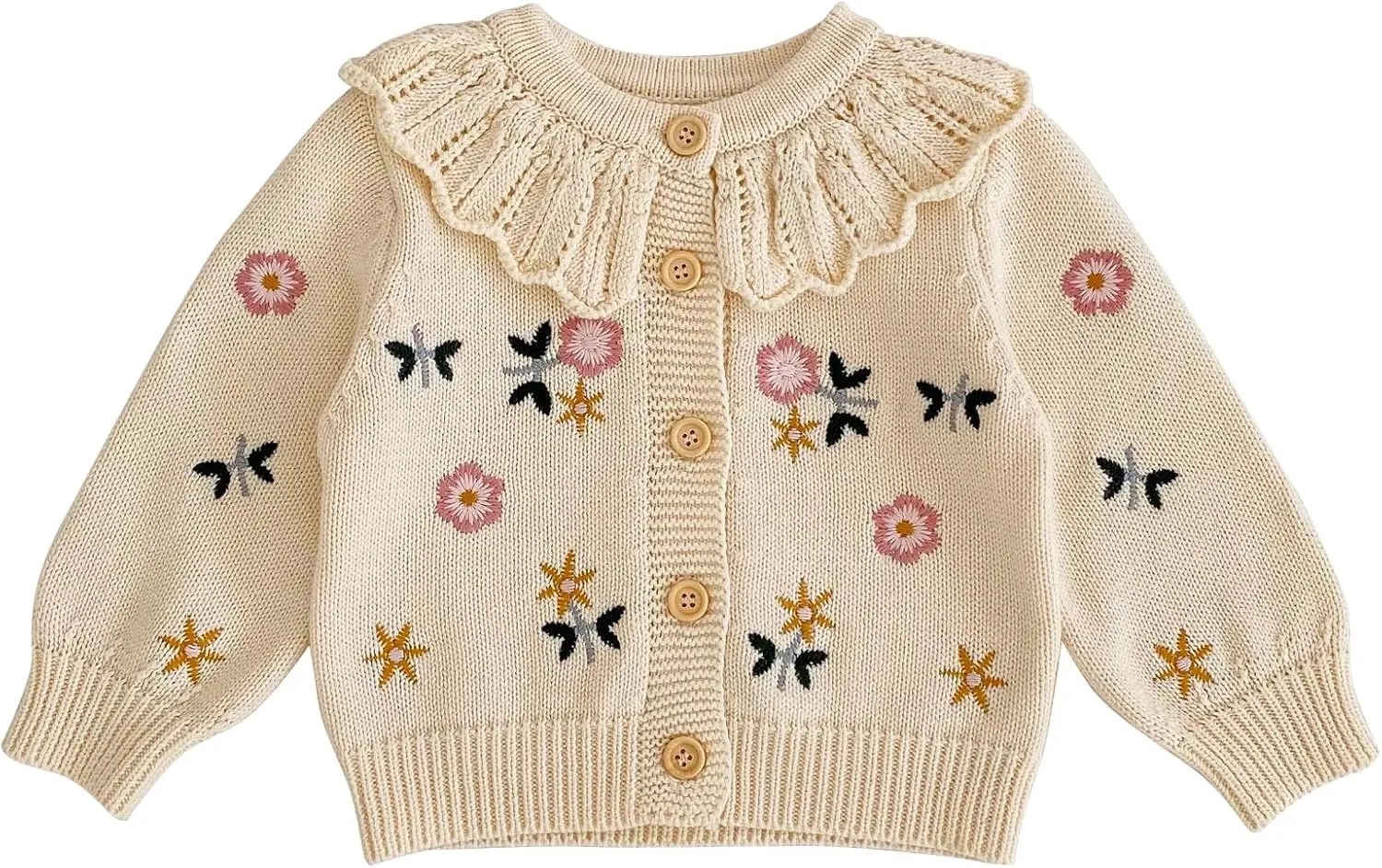 HOOLCHEAN Baby Girls Flower Embroidered Lotus Leaf Collar Sweater Infant Cotton Cardigan