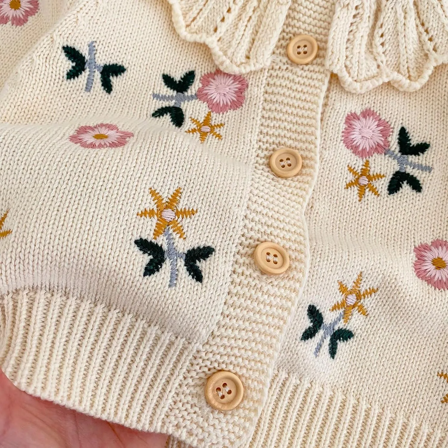 HOOLCHEAN Baby Girls Flower Embroidered Lotus Leaf Collar Sweater Infant Cotton Cardigan