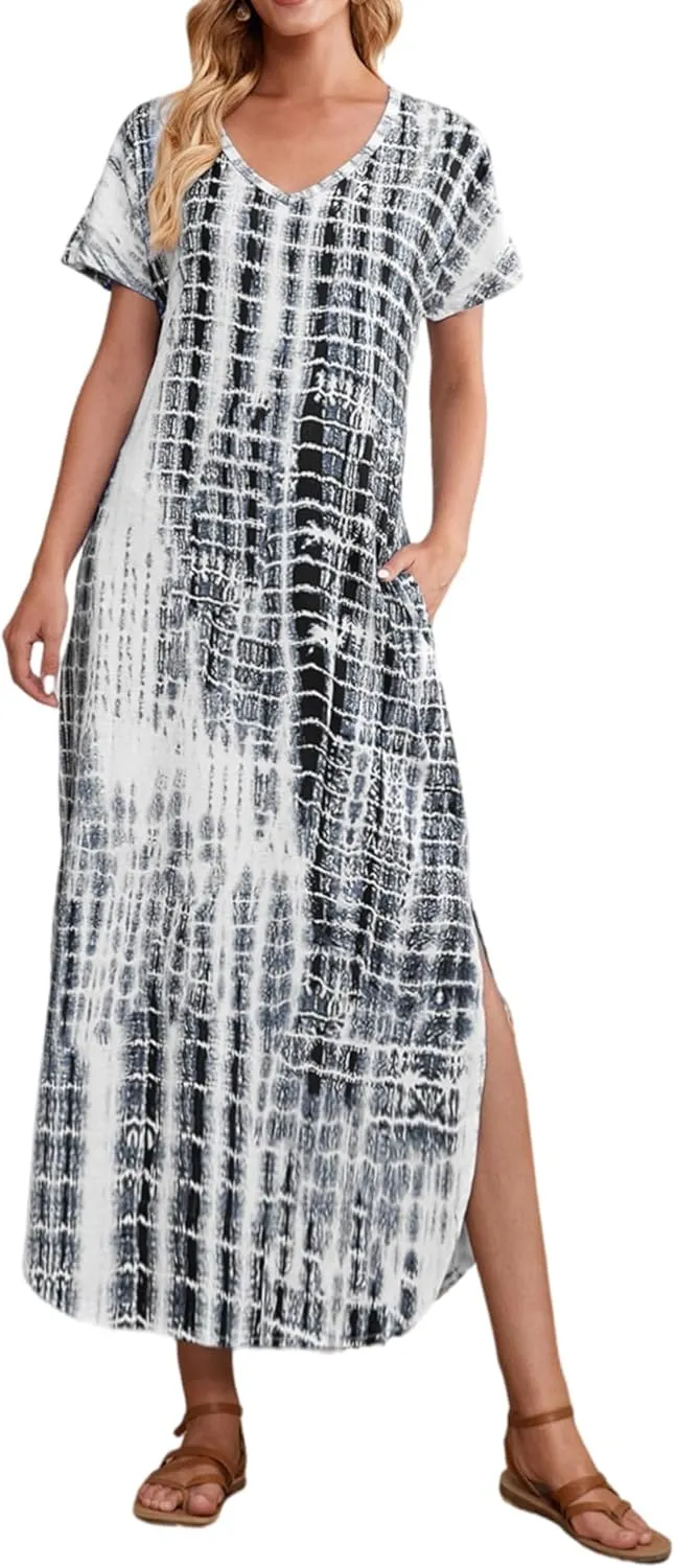 HOYISHION Women's Summer Maxi Dress Tie Dye Casual Loose V Neck Short Sleeve Long Beach Split Dress with Pockets