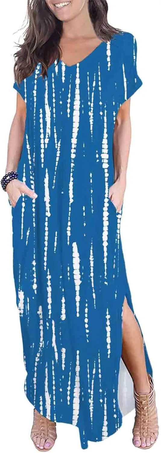 HOYISHION Women's Summer Maxi Dress Tie Dye Casual Loose V Neck Short Sleeve Long Beach Split Dress with Pockets