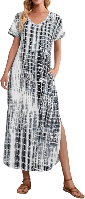 HOYISHION Women's Summer Maxi Dress Tie Dye Casual Loose V Neck Short Sleeve Long Beach Split Dress with Pockets