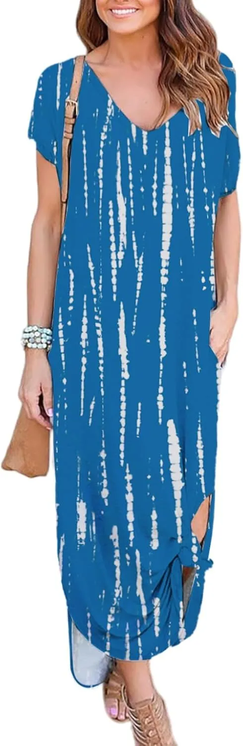 HOYISHION Women's Summer Maxi Dress Tie Dye Casual Loose V Neck Short Sleeve Long Beach Split Dress with Pockets